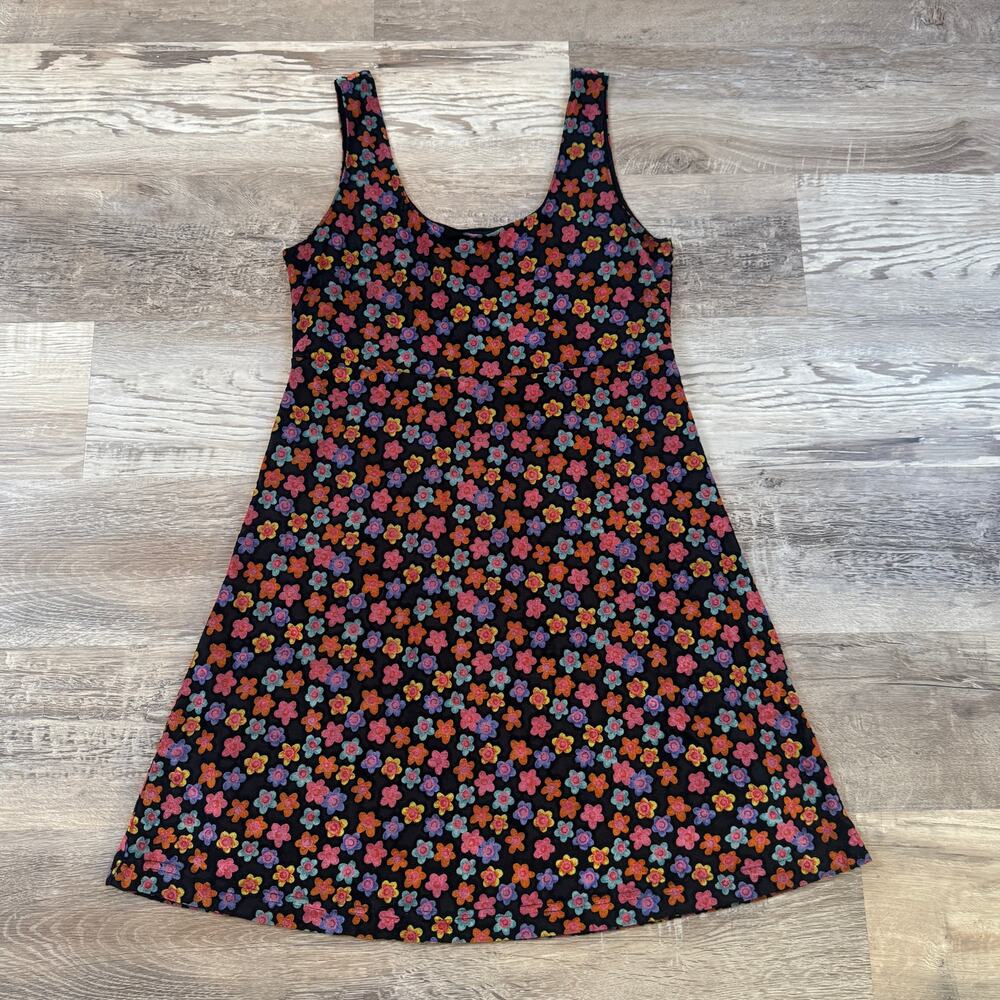 Vintage 90s Un Deux Trois Black Ditsy Floral Mini Dress Grunge Babydoll USA XS